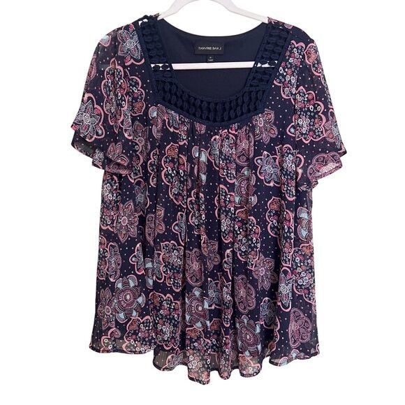 Lane Bryant Womens Floral Short Sleeve Navy Top Size 12 Boho Lagenlook - Picture 1 of 10